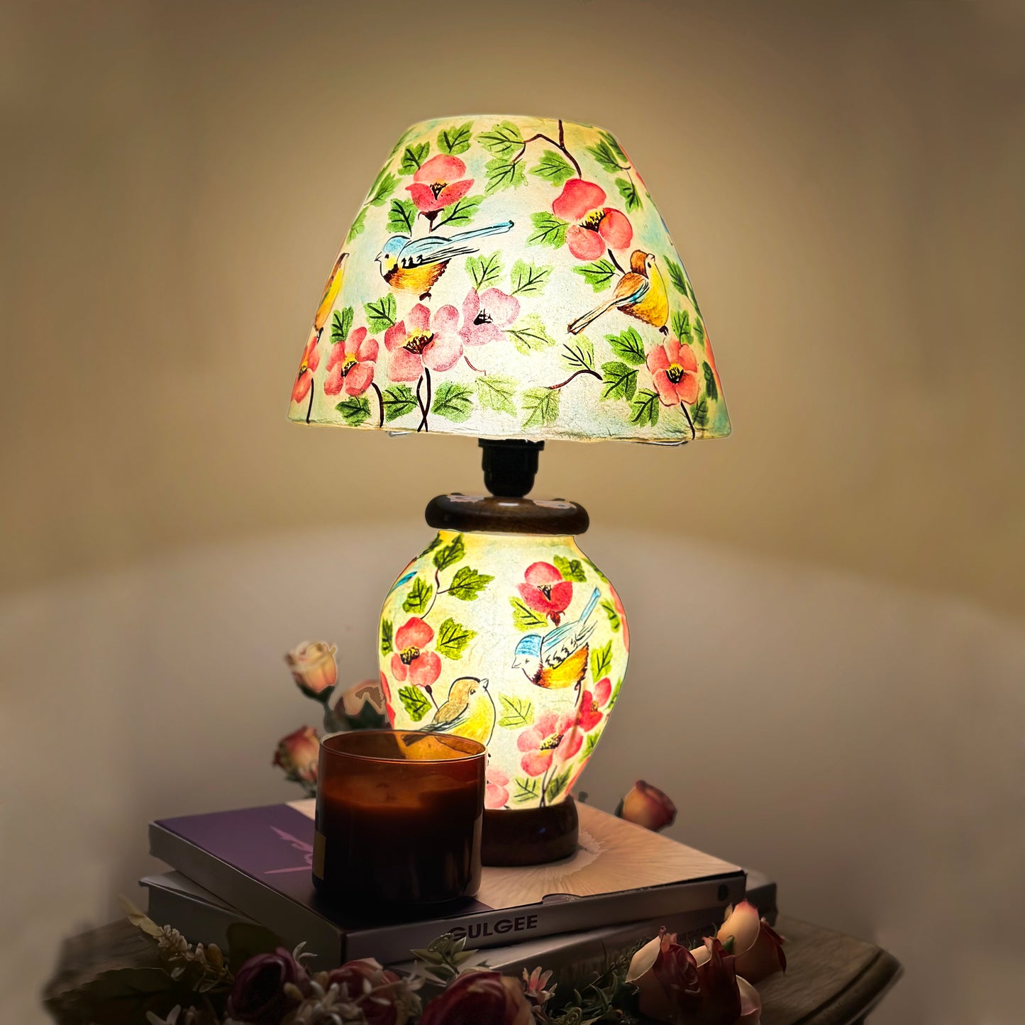 Blooming Bird Lampshade – Hand painted camel skin lamp