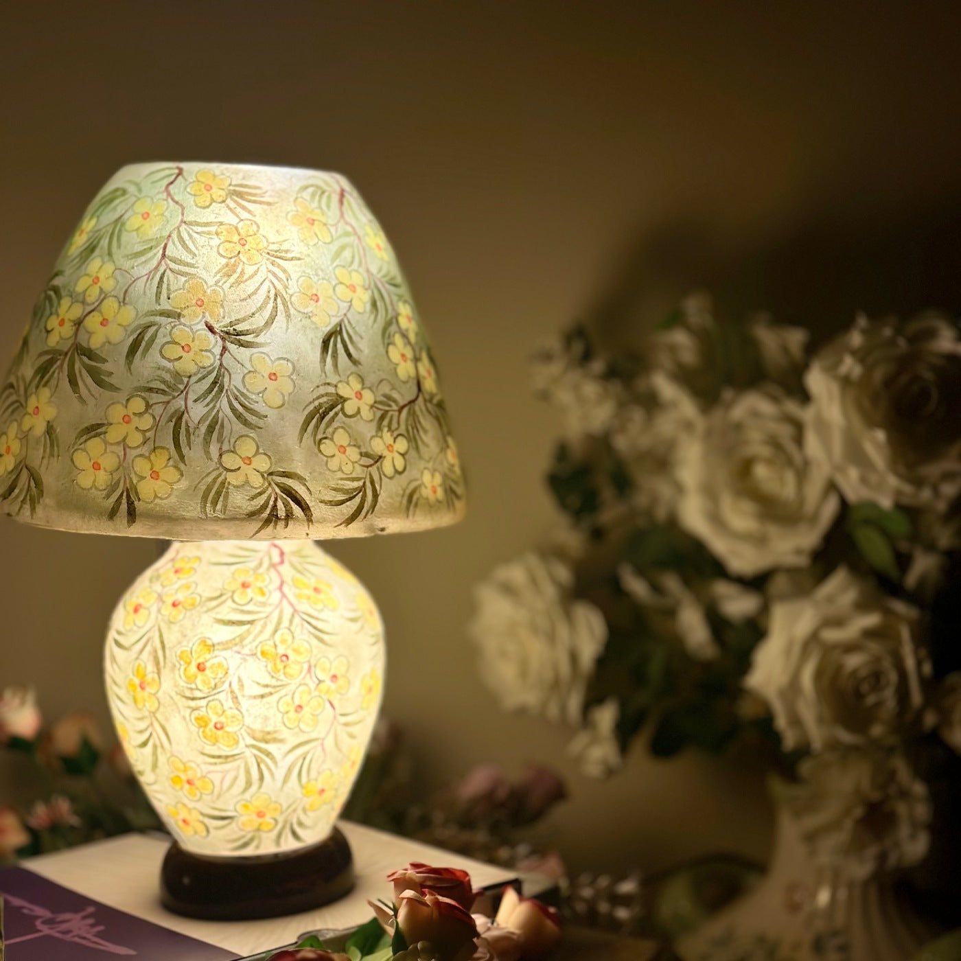 Elegant Floral Hand-Painted Camel Skin Lamp