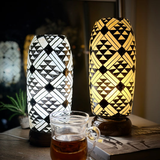 Geometric Harmony – Hand painted camel skin lamp