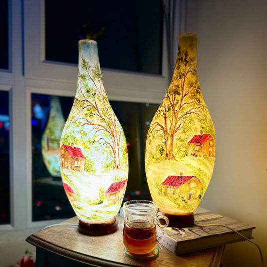 Peaceful Village – Hand painted camel skin lamp