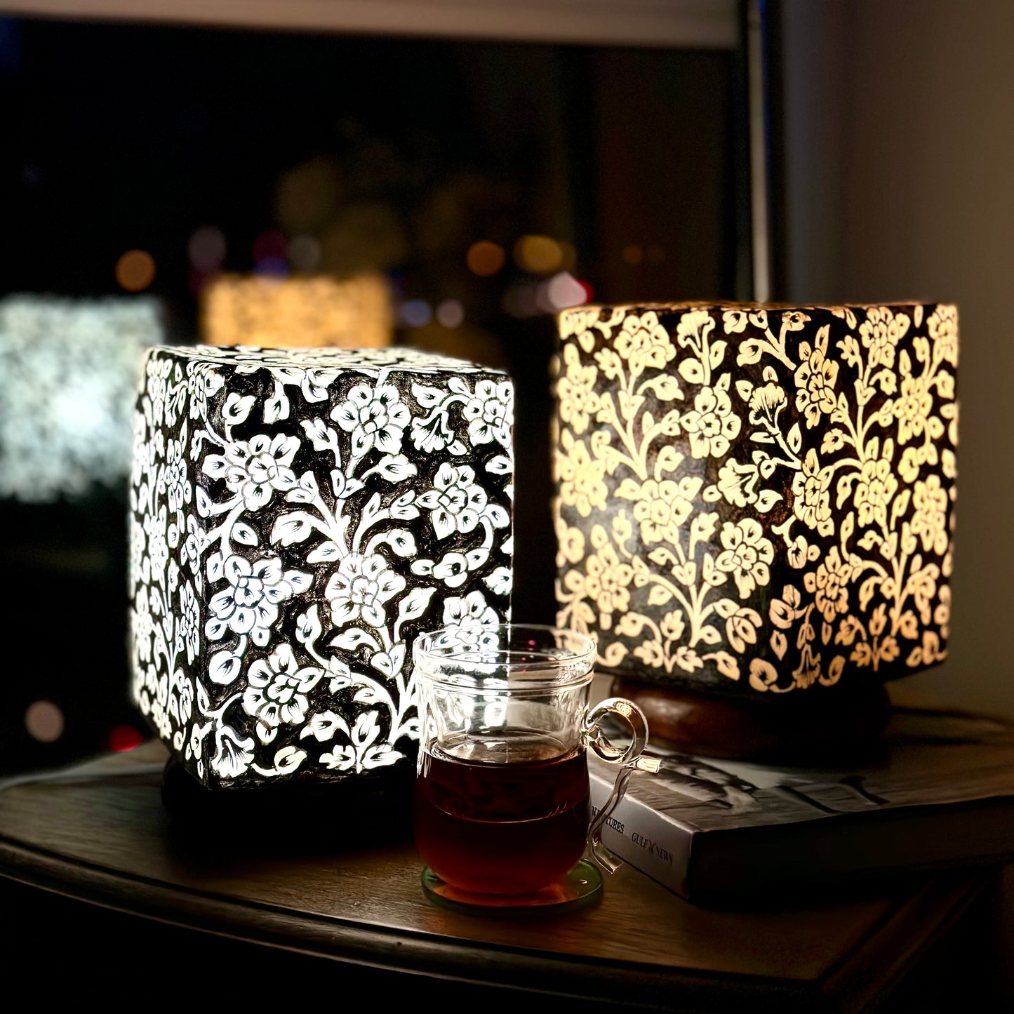 The Enchanted Black – Hand painted camel skin lamp