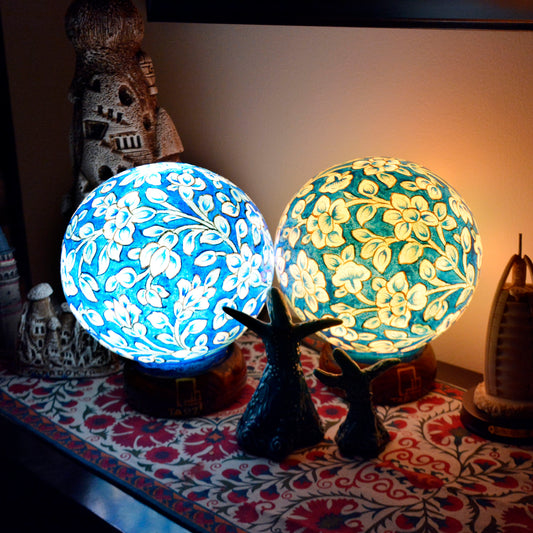 Blooming Blues – Hand painted camel skin lamp