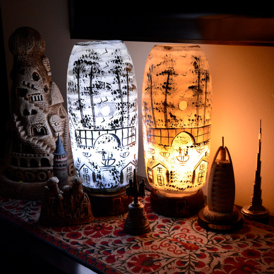 Calm in the chaos – Hand painted camel skin lamp